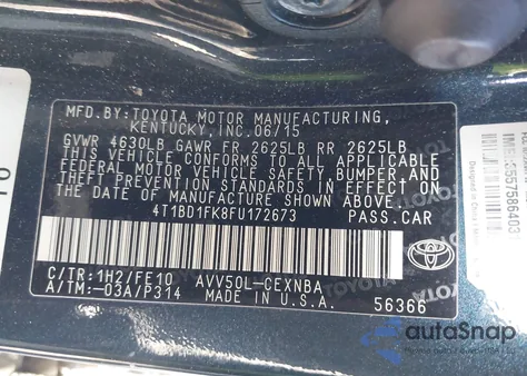 2015 Toyota Camry Hybrid Le z USA, uszkodzony, nr VIN 4T1BD1FK8FU172673